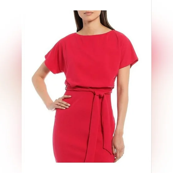 Kensie Women's Boat-Neck Faux-Wrap Blouson Midi Dress Red EUC Large - Picture 3 of 11
